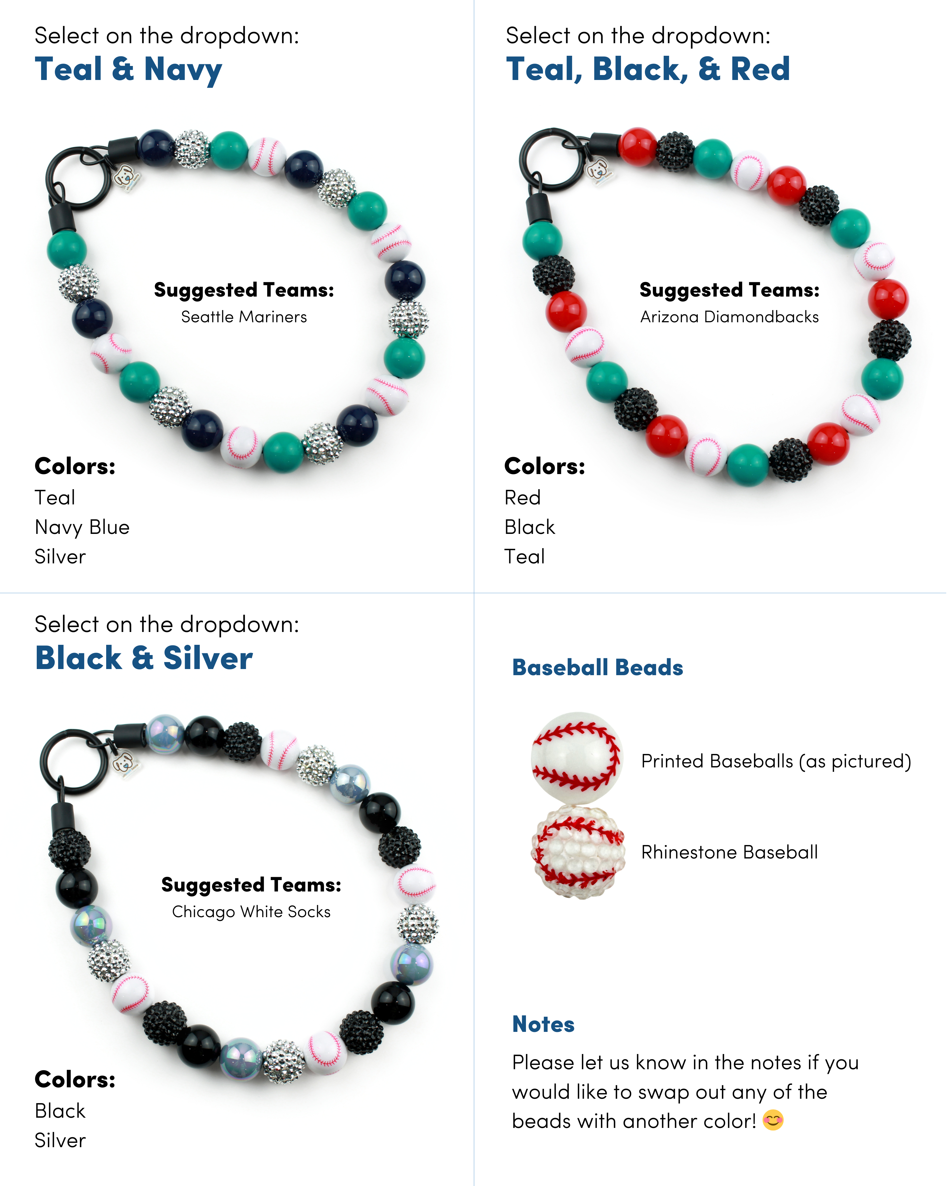 Baseball Team Bead Dog Collars
