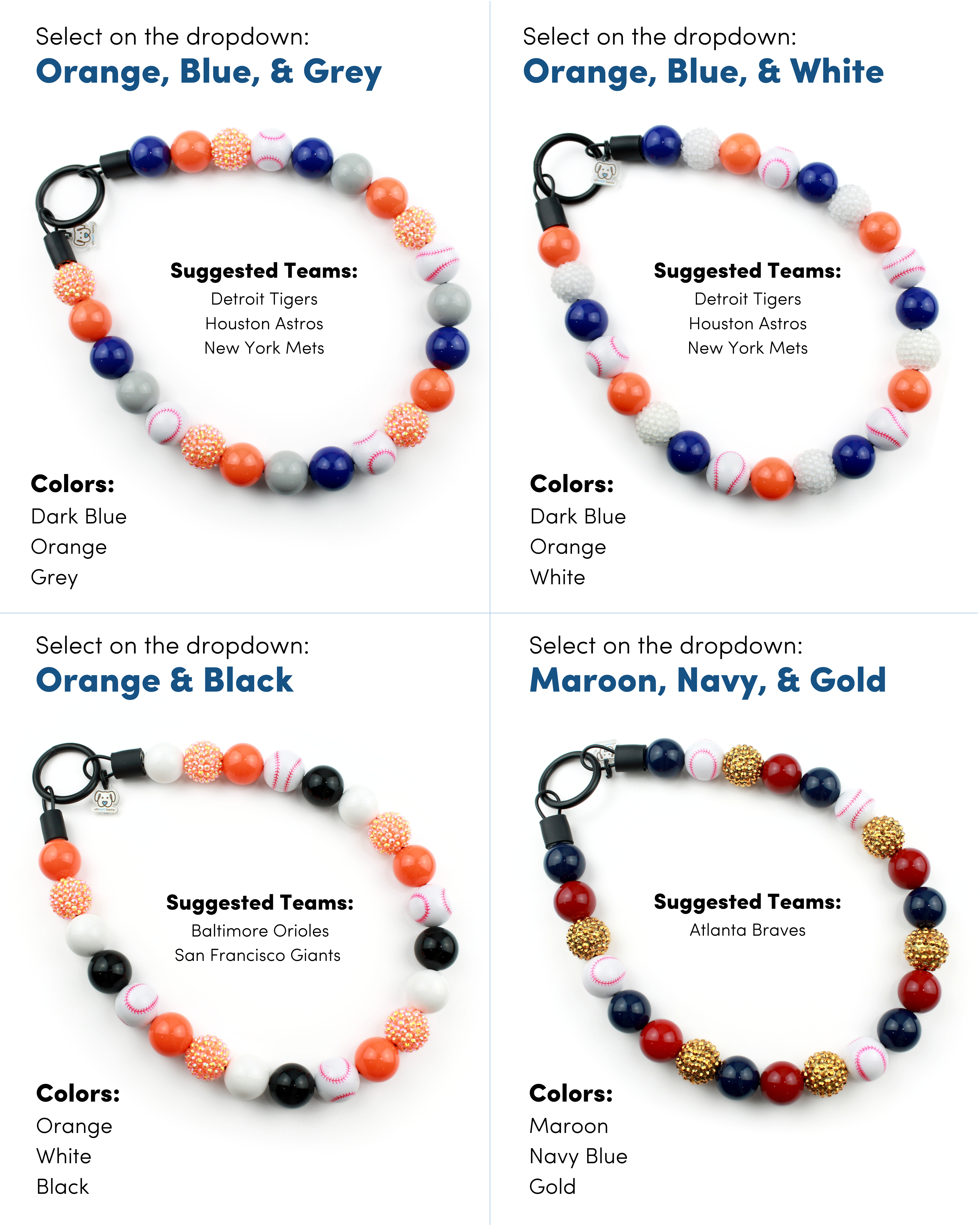 Baseball Team Bead Dog Collars