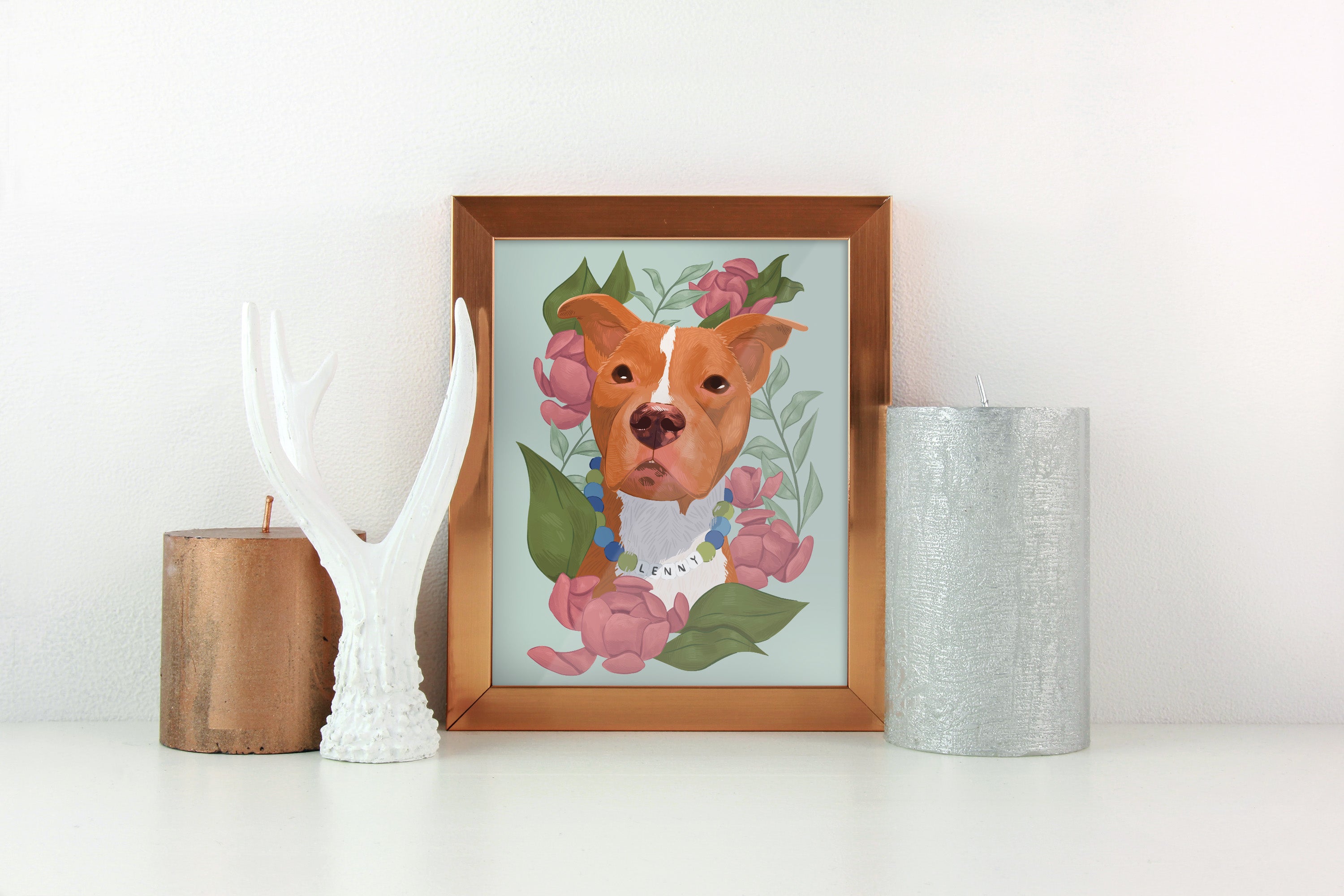 Hand-drawn potrait of a brown and white Pitbull with a floral bakground