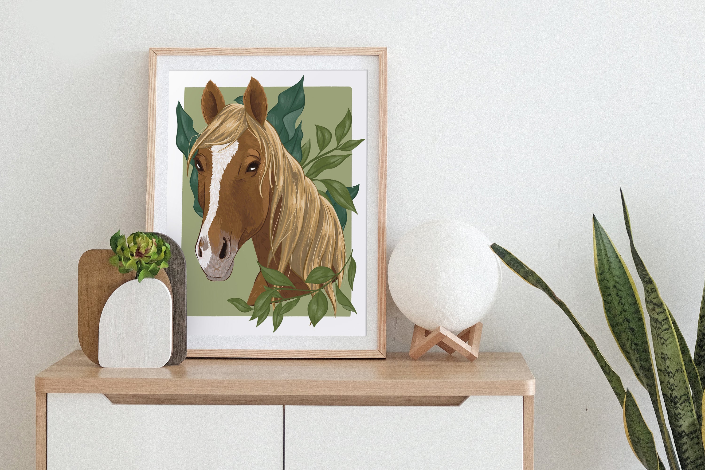 Hand-drawn portrait of a horse with green foilage 