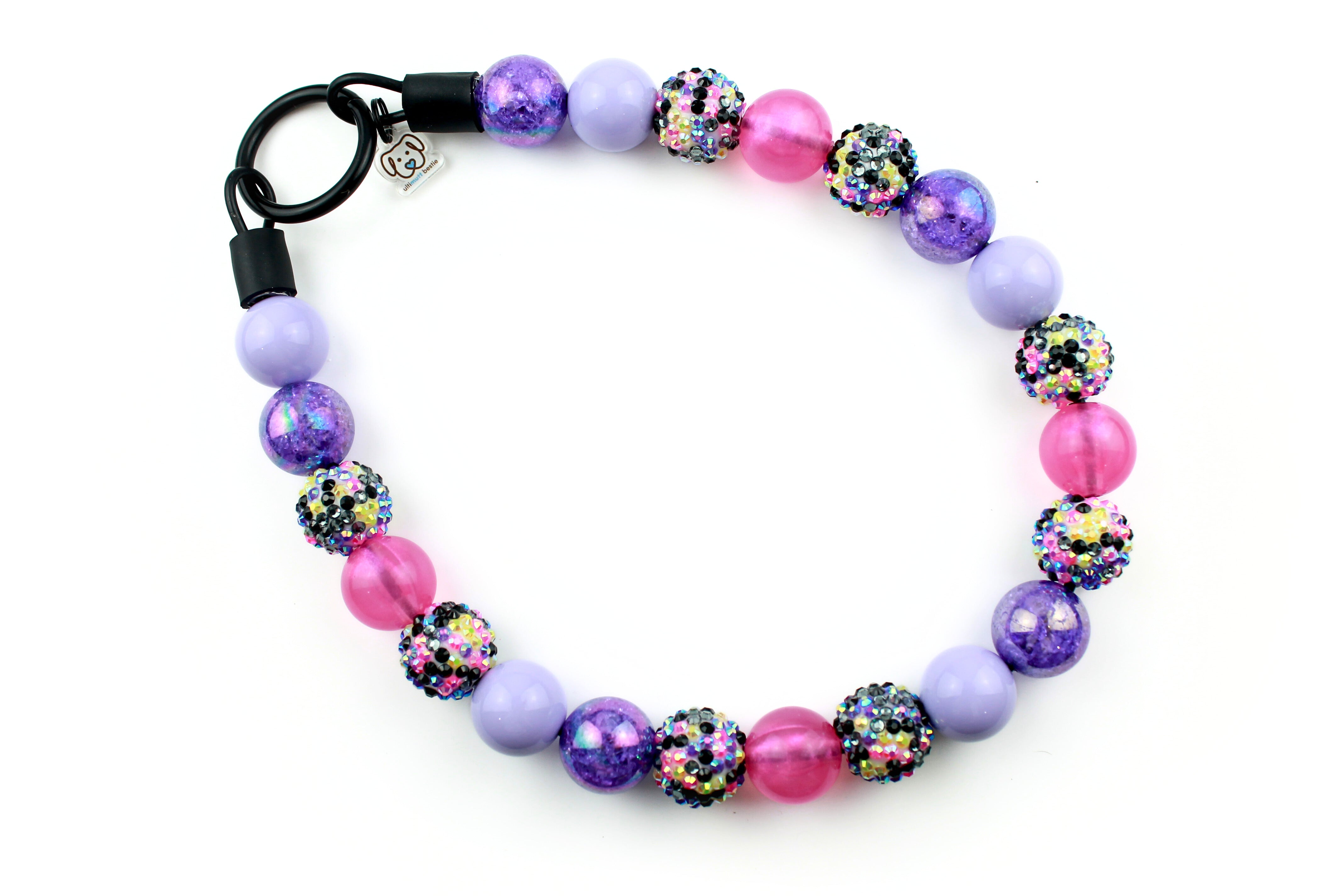 lilac solid, AB purple crackle, hot pink jelly shimmer and multi-color rhinestone with black o-ring closure.