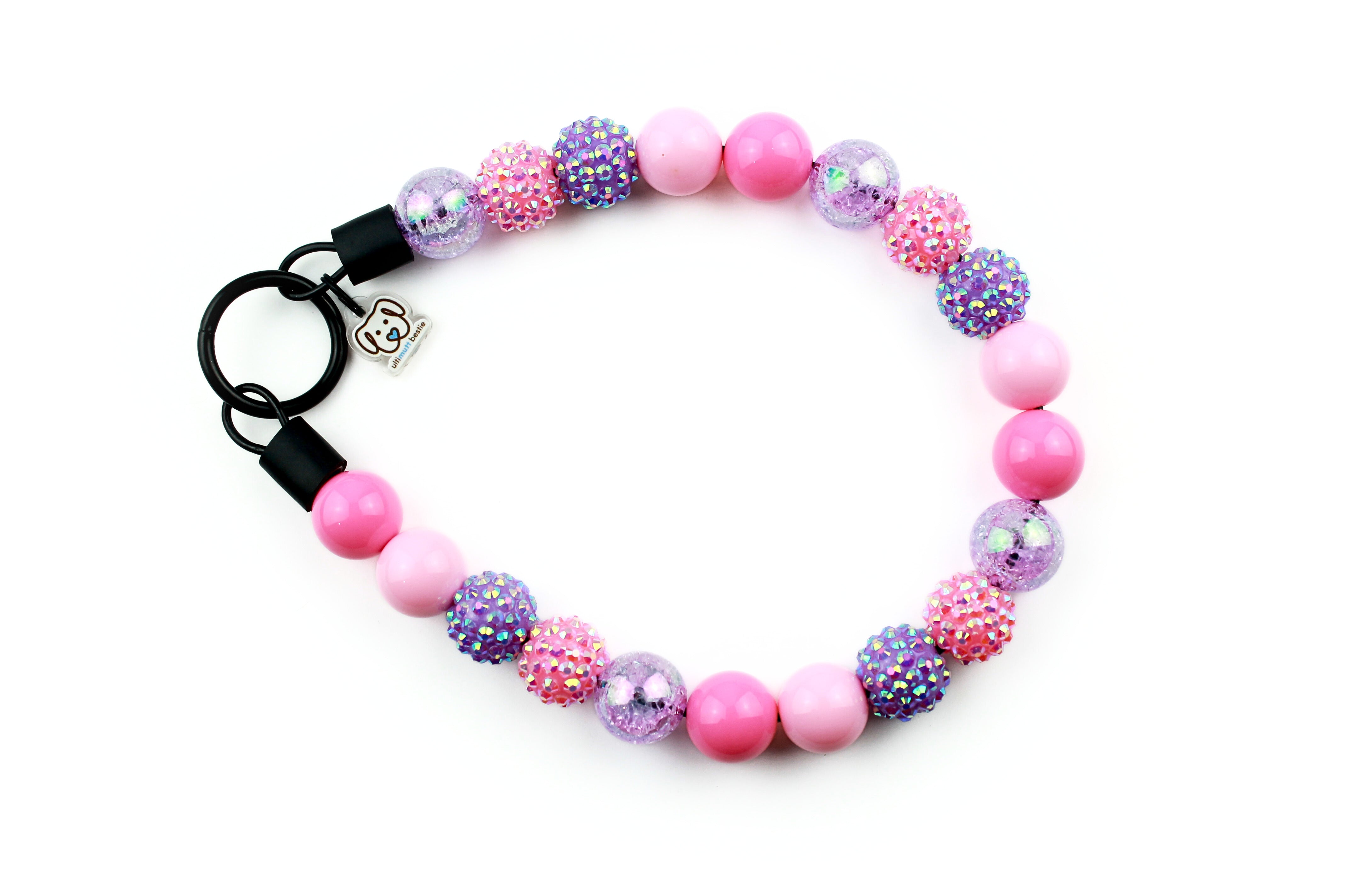 16mm acrylic beads: small acrylic beaded collar featuring small white rhinestones, medium pink, light pink, pink and purple rhinestones, purple crackle beads