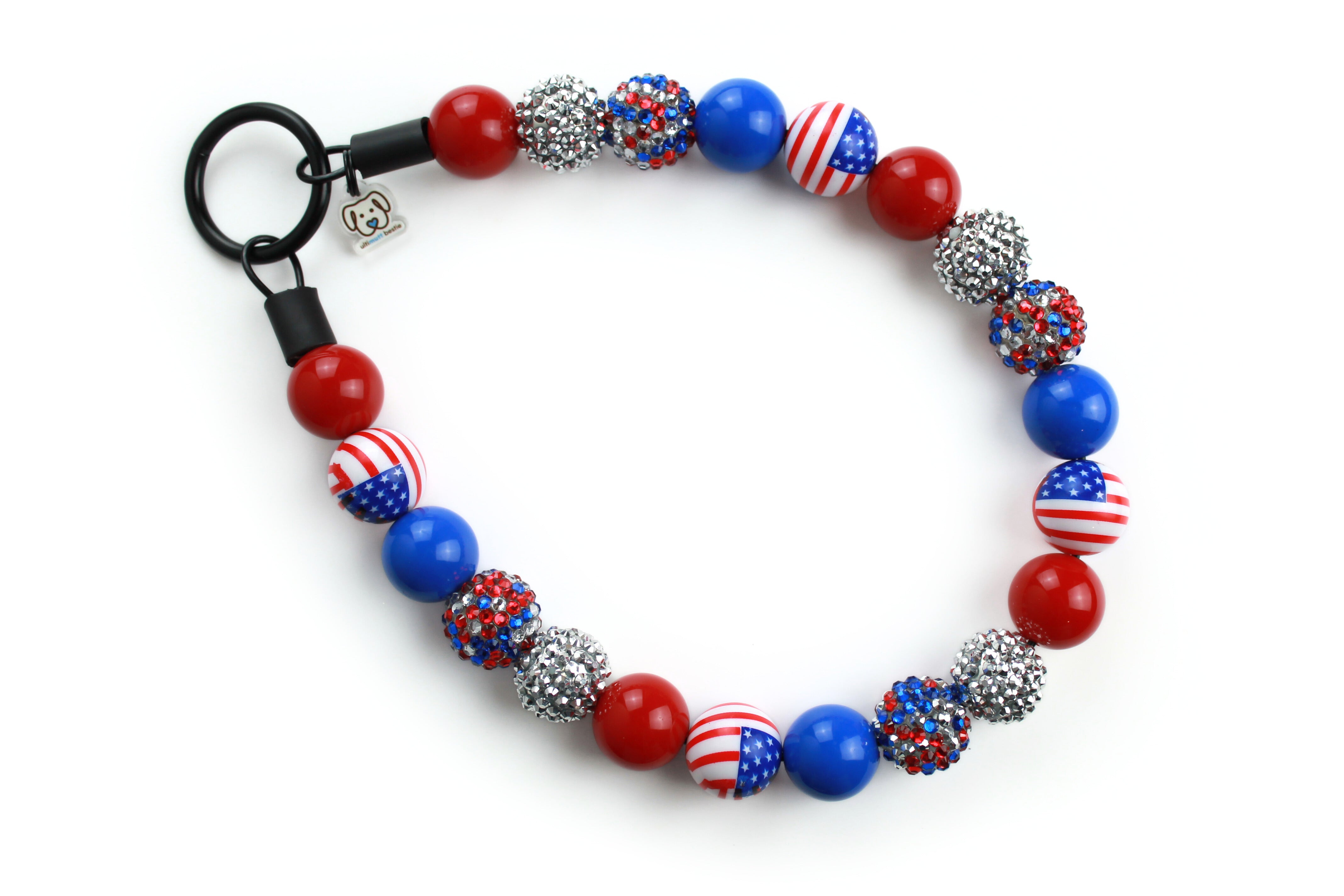 Large bead dog collar, slip on, patriot red, royal blue, multi -color (red, silver and blue) rhinestone and slver rhinestone beads