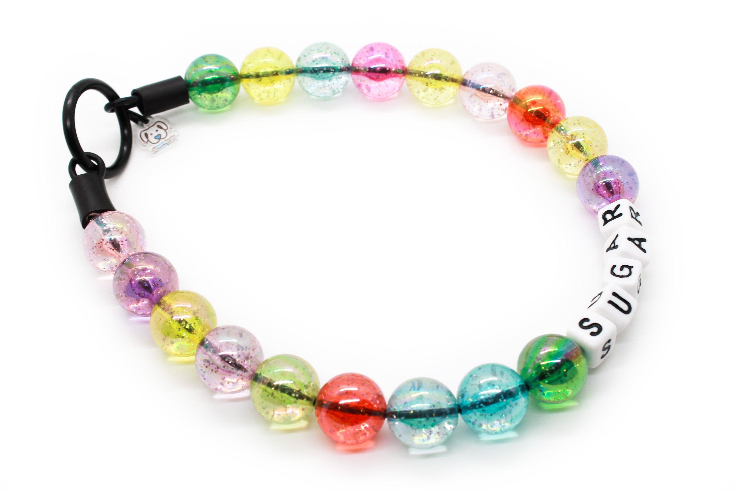 Jelly Fish Glitter dog bead collar with black o ring closure.  An array of pastel translucent resin glitter beads a rainbow pattern 