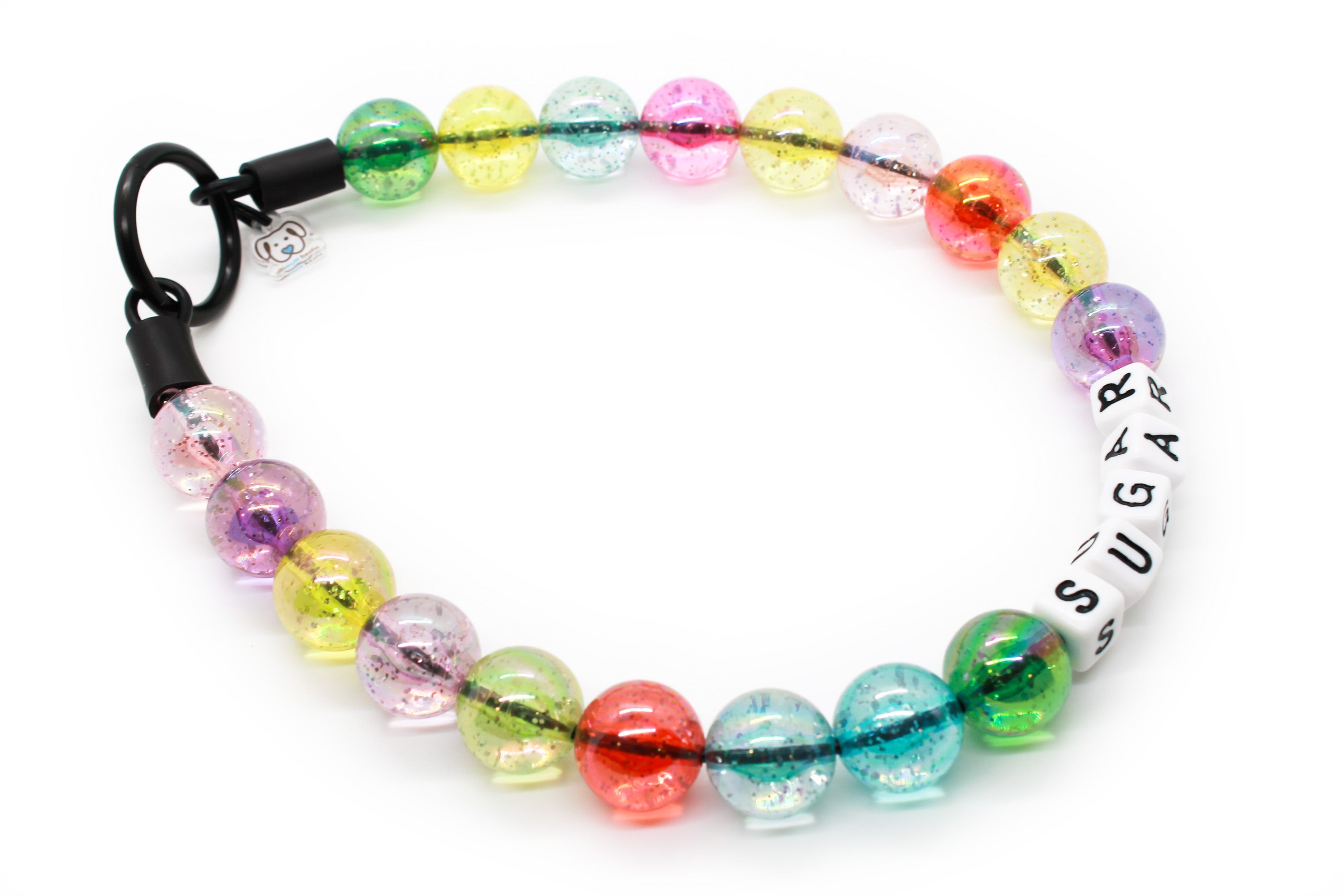 Jelly Fish Glitter dog bead collar with black o ring closure. An array of pastel translucent resin glitter beads a rainbow pattern