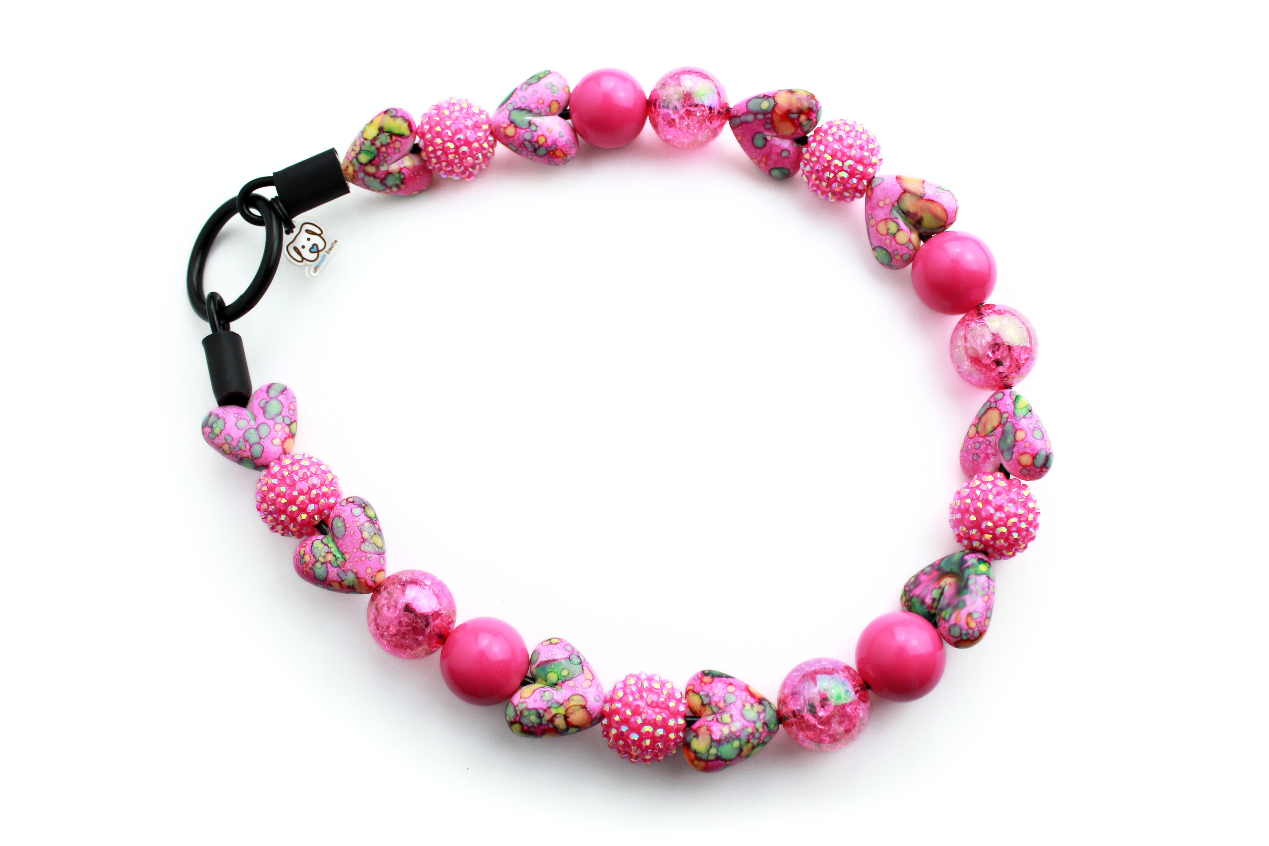 Feeling flirty dog bead collar hot pink and tie dye heart beads