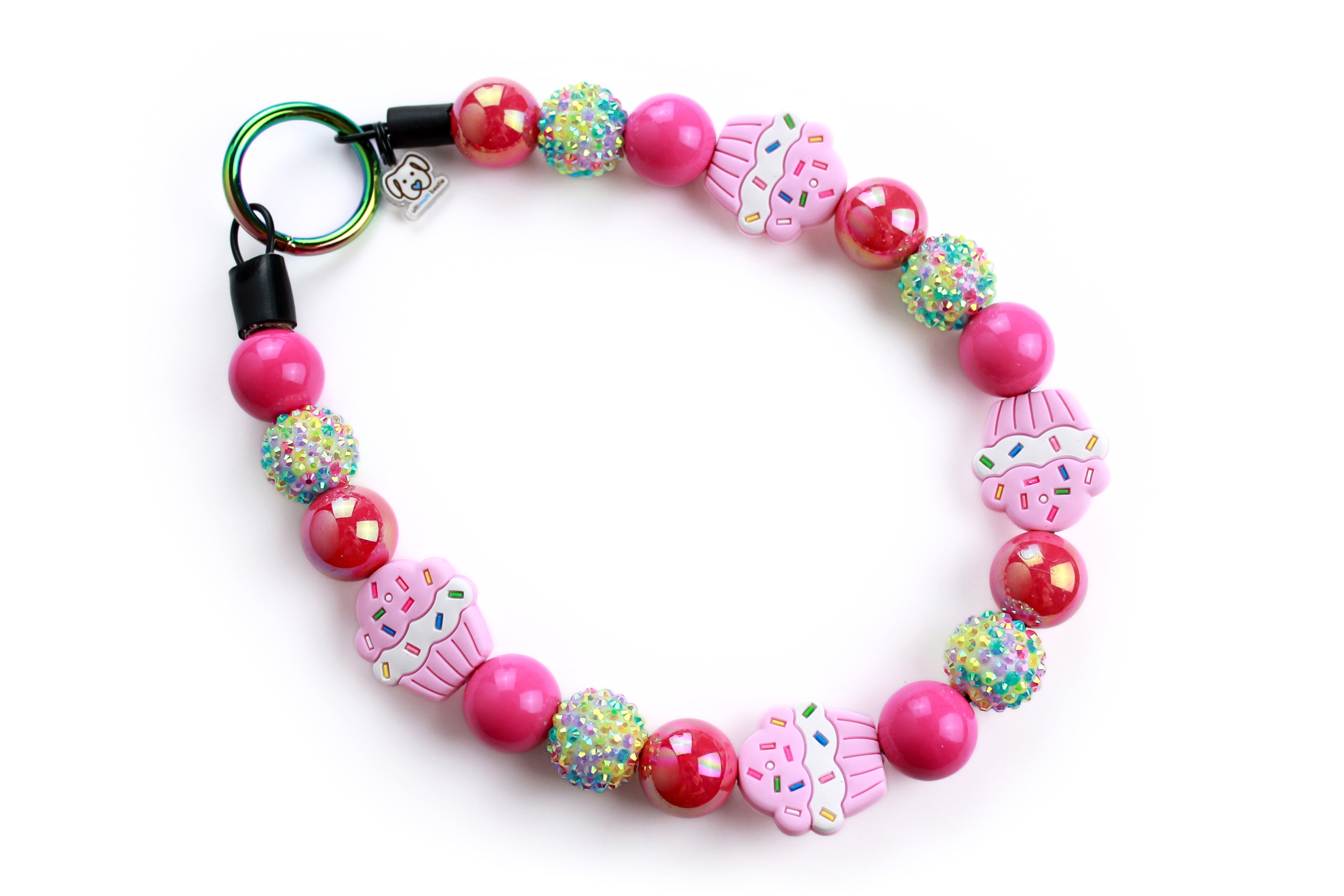 Large beaded dog collar . birthday or gotcha day collar. This collar features 20mm acrylic beads: hot pink miracle and hot pink solid, multi-color confetti rhinestones and large cupcake silicone focal beads, can be personalized with cube acrylic white letter beads.