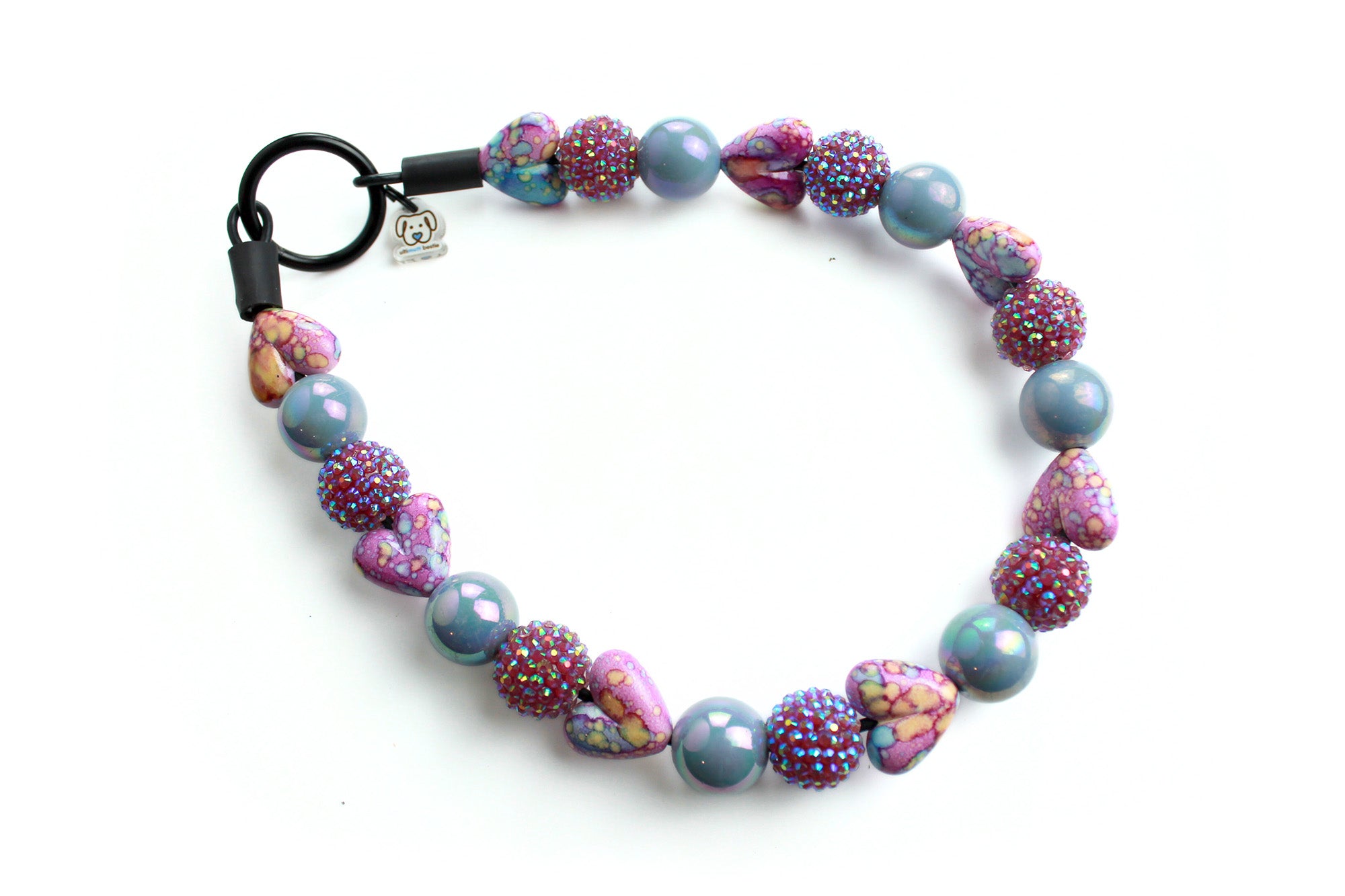 Icy Purple Tie Dye Heart dog bead collar with O ring closure