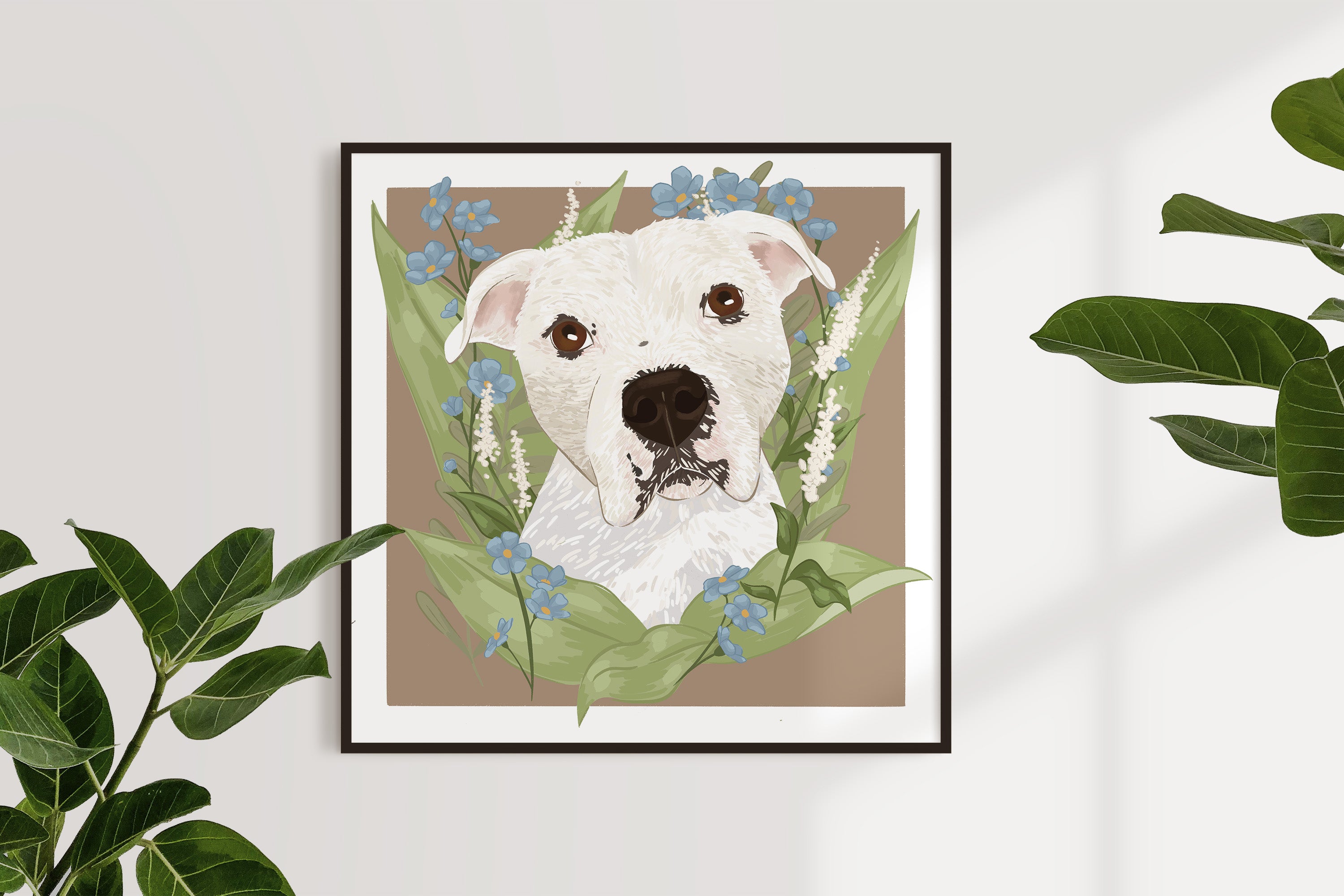 Hand-drawn Portrait of a white Pitbull with a floral backgroung