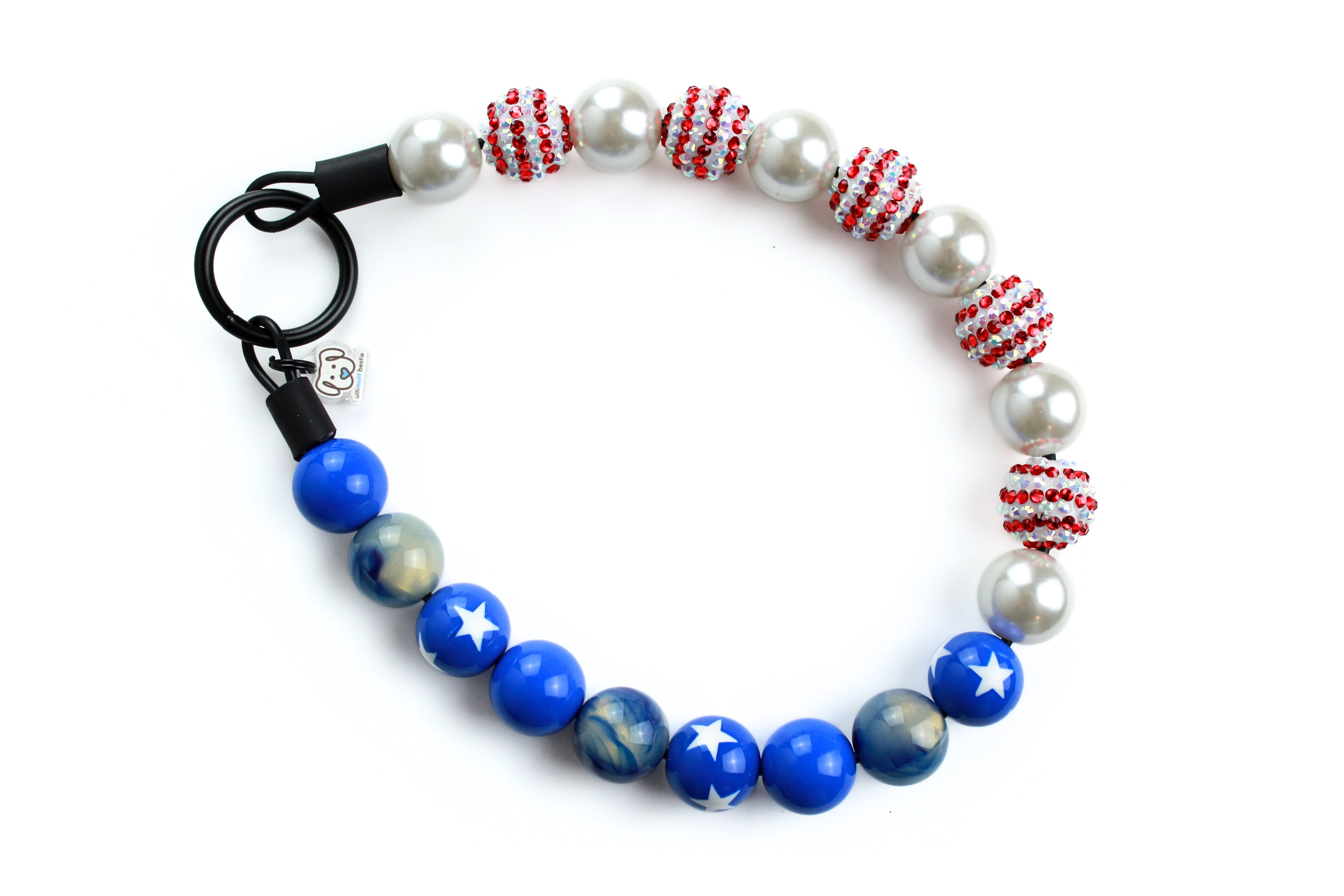 Large bead dog collar, slip on, royal blue, marbled blue, blue with white stars, white pearls and red and white rhinestone beads