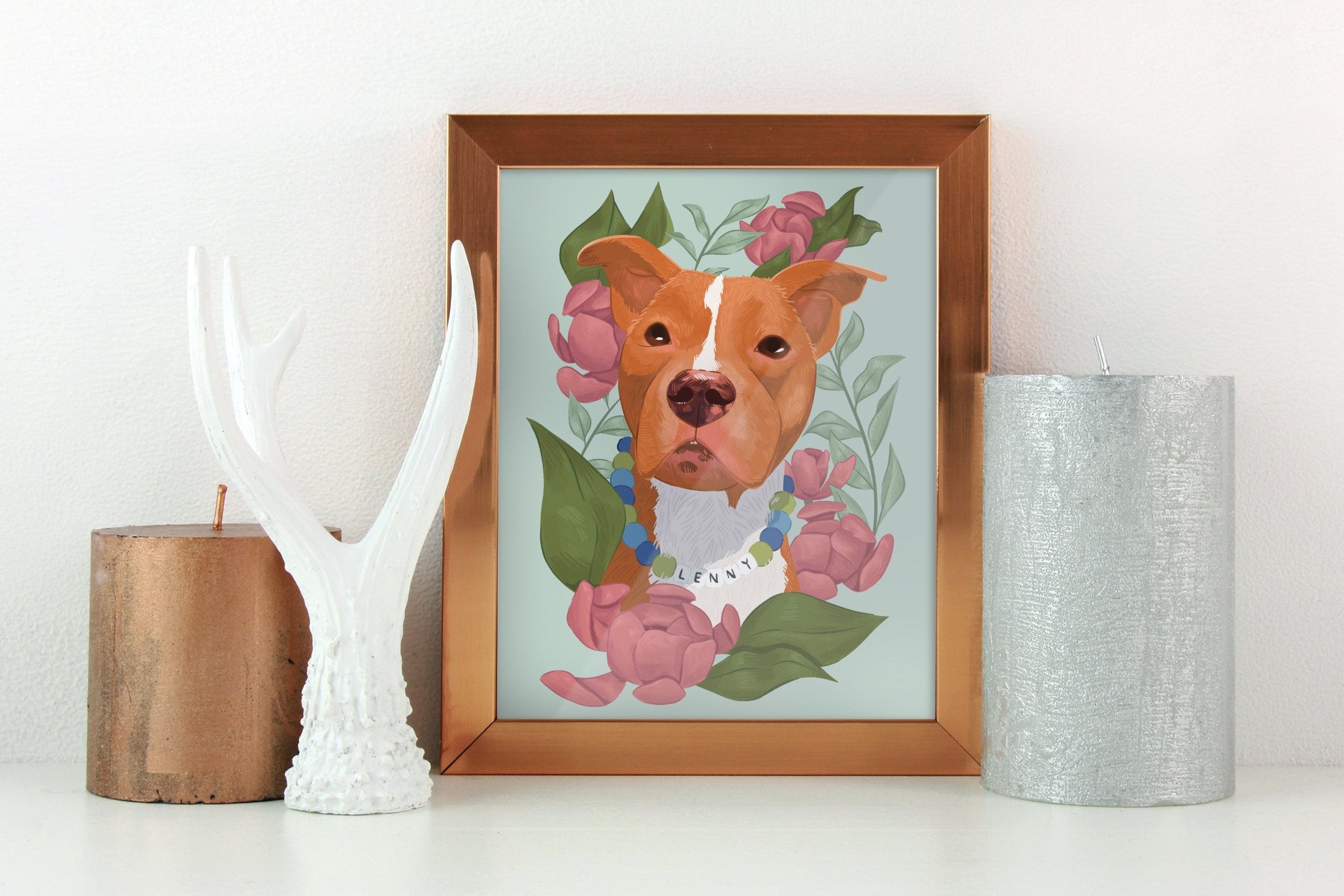 Hand-drawn potrait of a brown and white Pitbull with a floral bakground