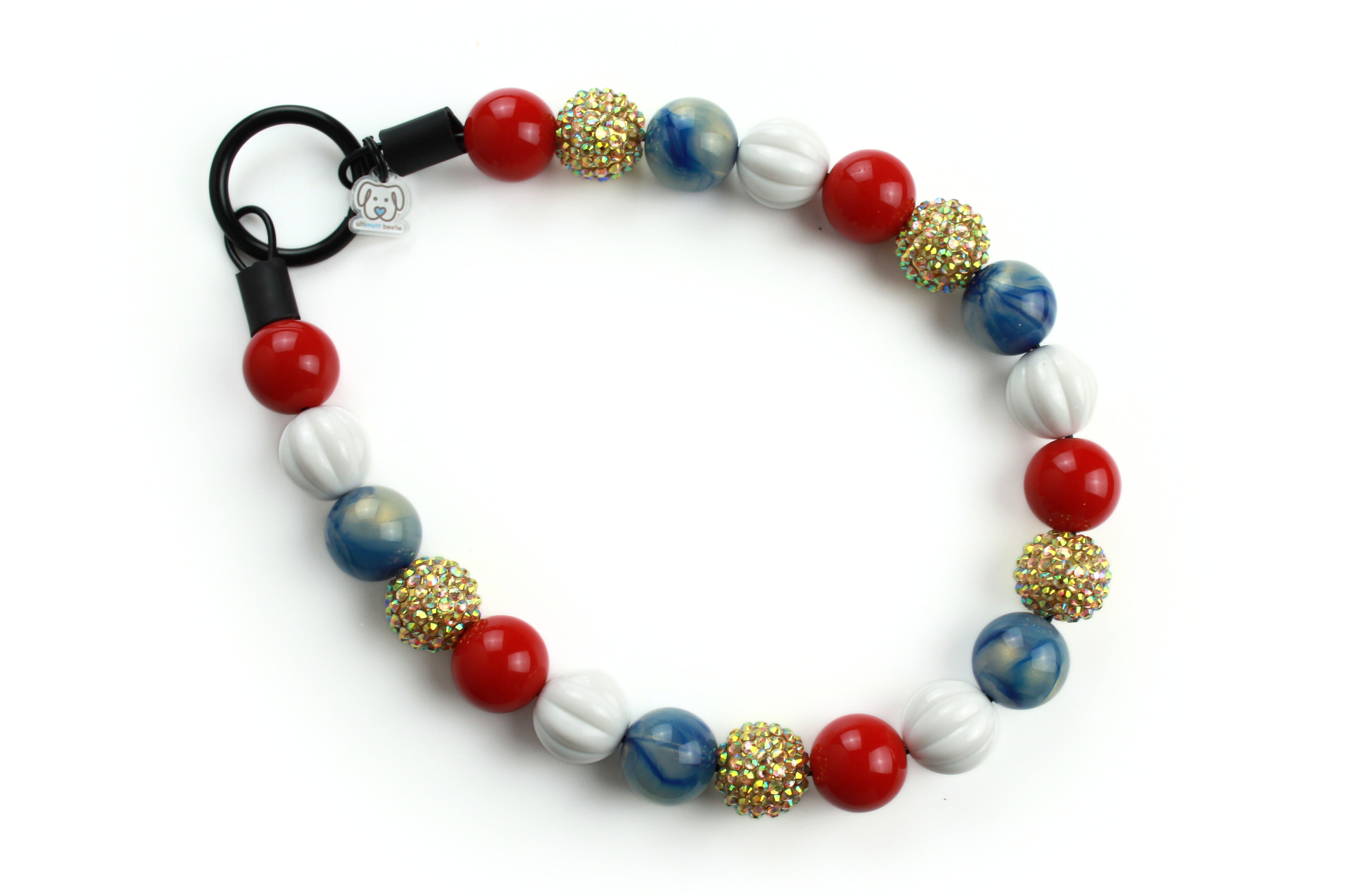 large bead dog collar,  slip on,  Red, white and marbled blue with gold rhinestone