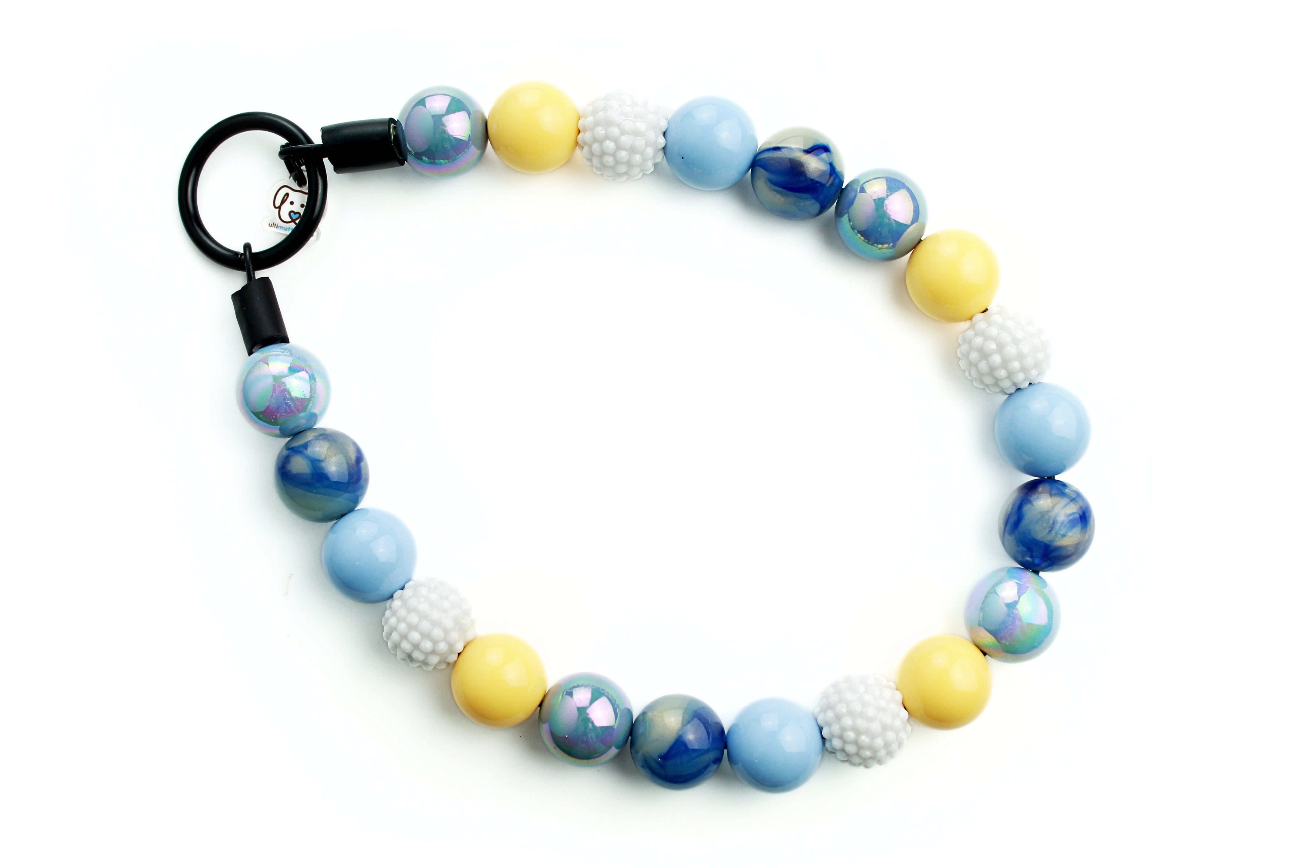beaded dog collar with blue, white and yellow.