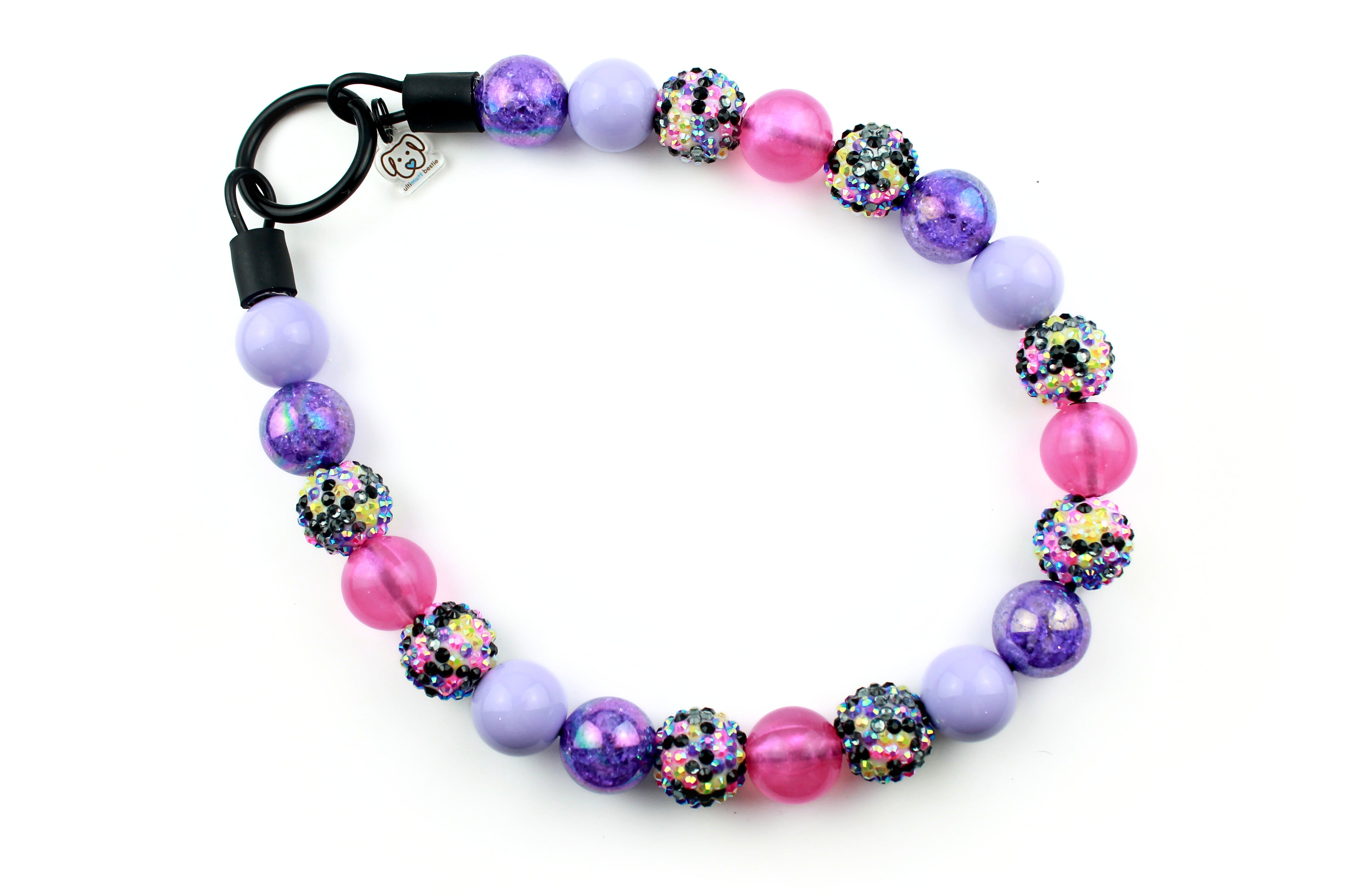  lilac solid, AB purple crackle, hot pink jelly shimmer and multi-color rhinestone with black o-ring closure.