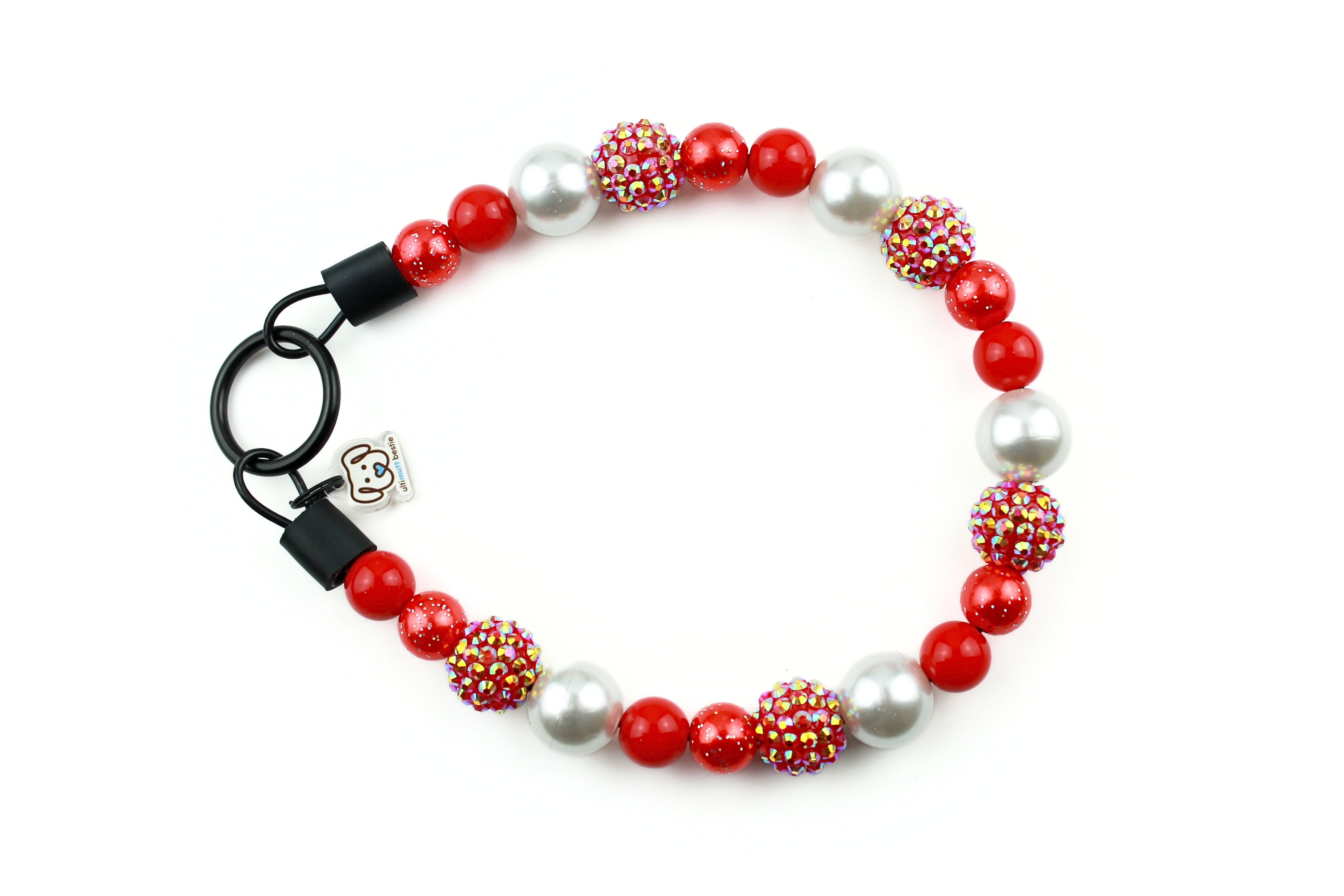 12- 16MM small acrylic beaded collar featuring red rhinestones, white pearls, solid red and red glitter pearl beads with black o-ring closure.