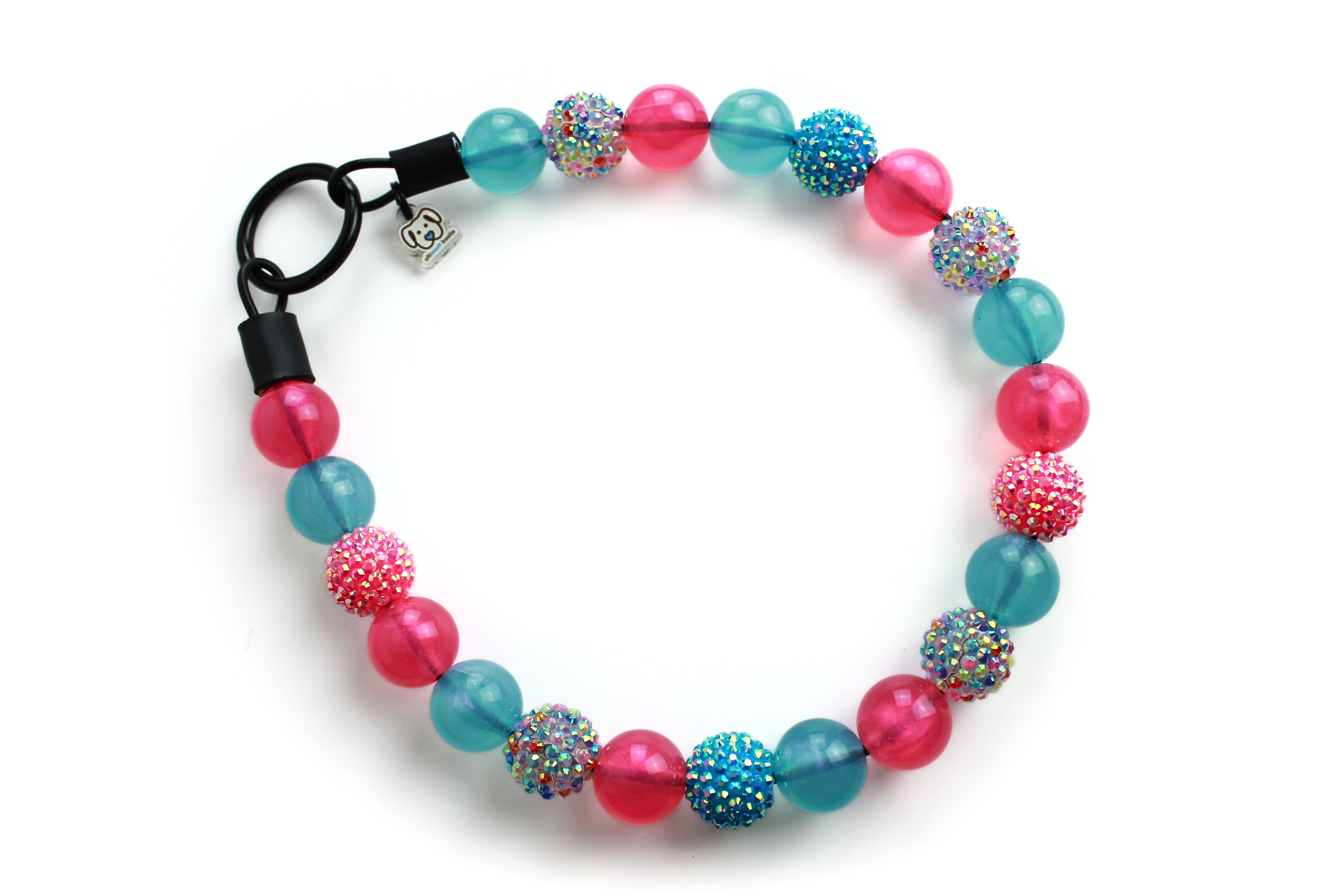 Island splash dog bead collar with jelly aqua, hot pink and pink, aqua and multi color rhinestone beads with an O ring closure