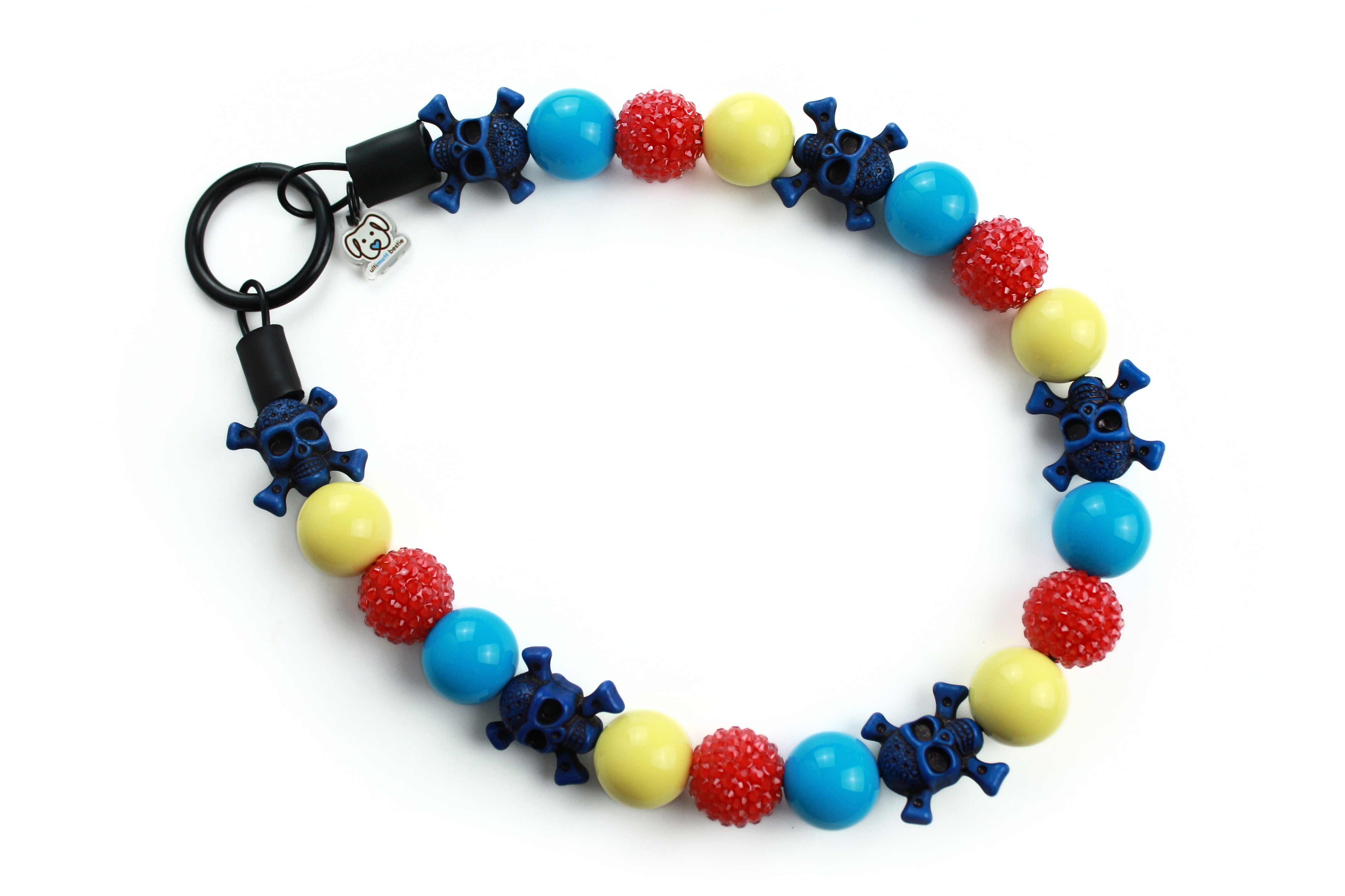 Large Bead Dog Collar, slip on, turquoise, red jelly, yellow and navy skull with crossbone beads. inspired by the character Pirate KIng from One Piece Anime, nautical yachting dog collar