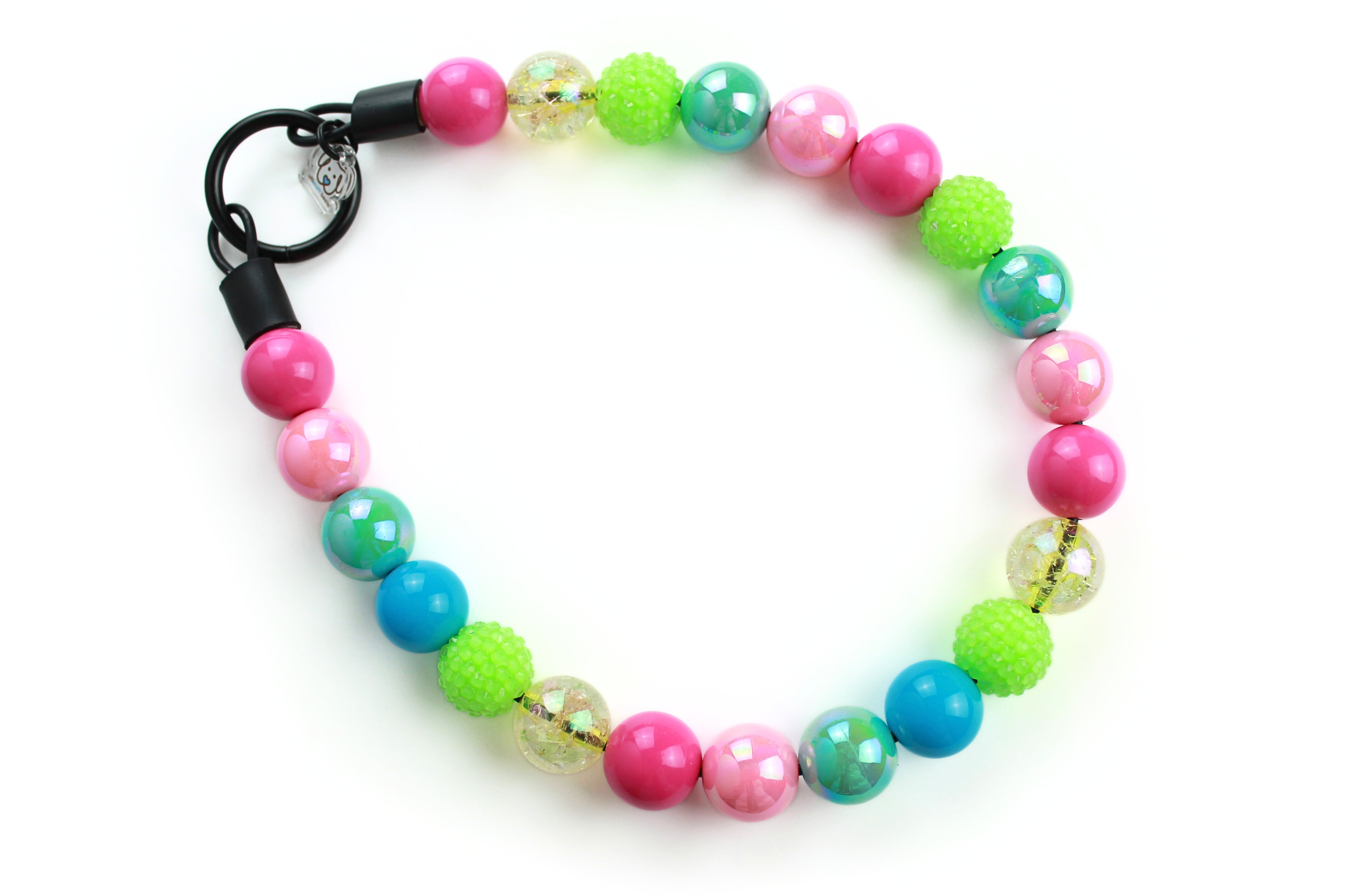 large bead dog slip on collar in bright vibrant pink, yellow aqua and lime green