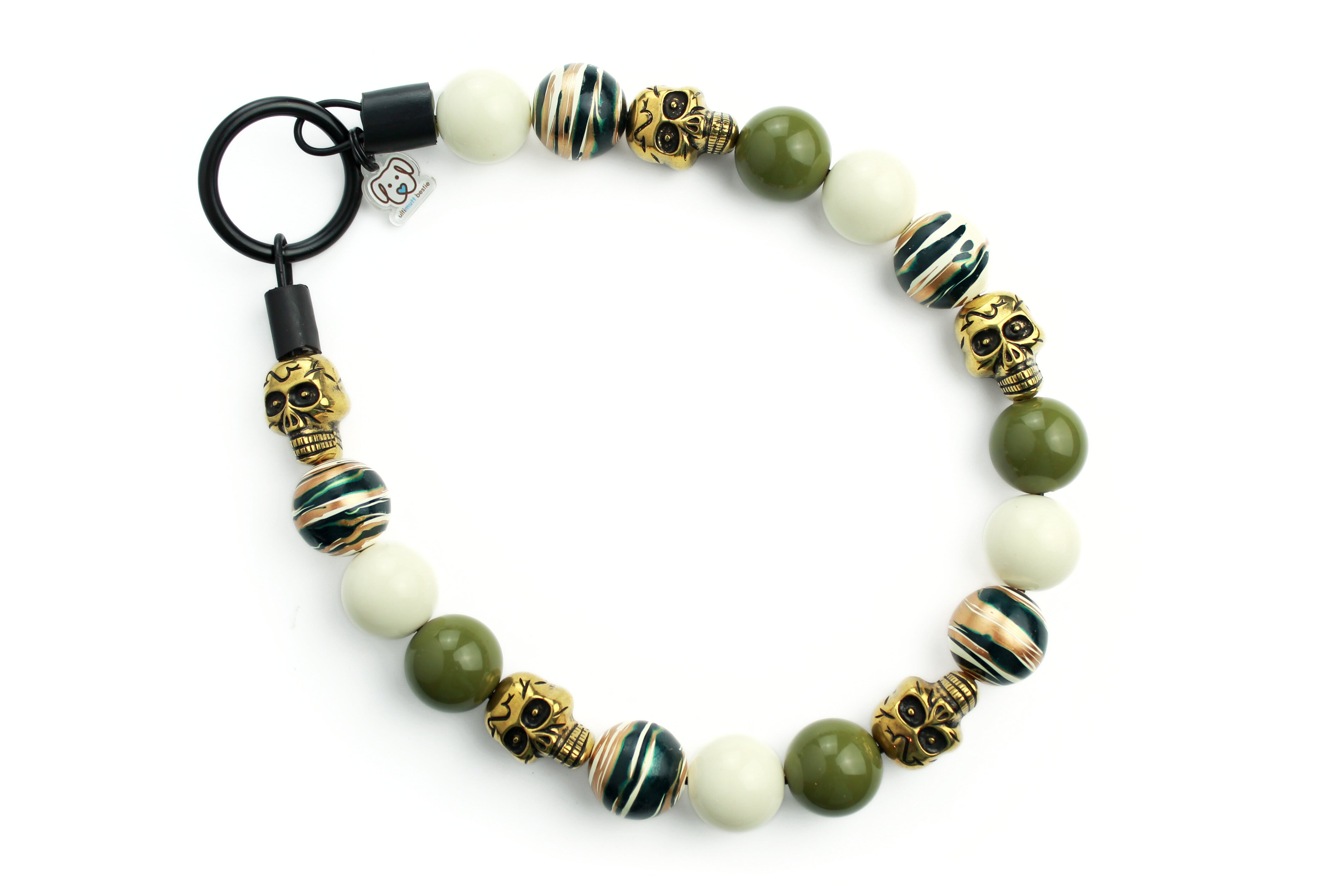 Dog Beaded Collar with cream, olive and gold, green and cream swirl and antique gold beads