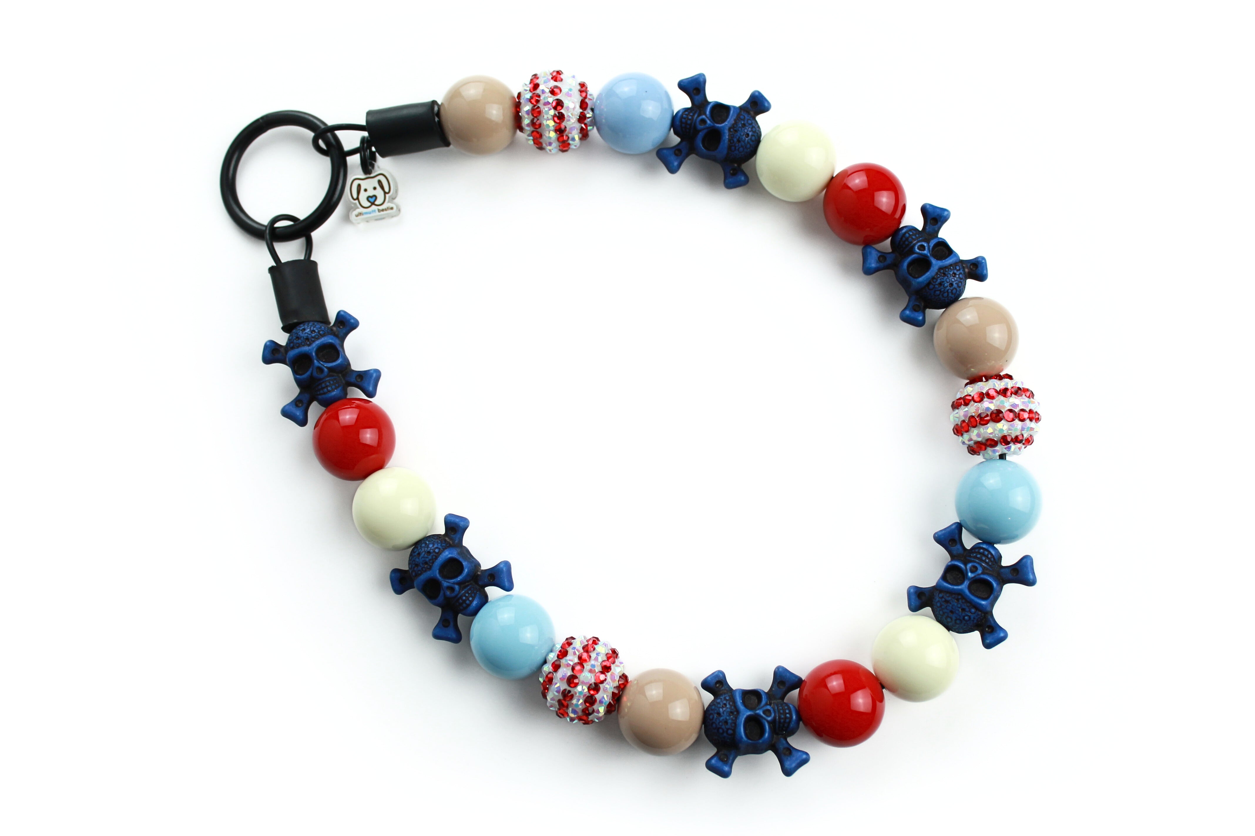 Nautical beaded dog collar, slip on , red, tan, cream, baby blue, navy skulls with crossbones and red and white rhinestone beads