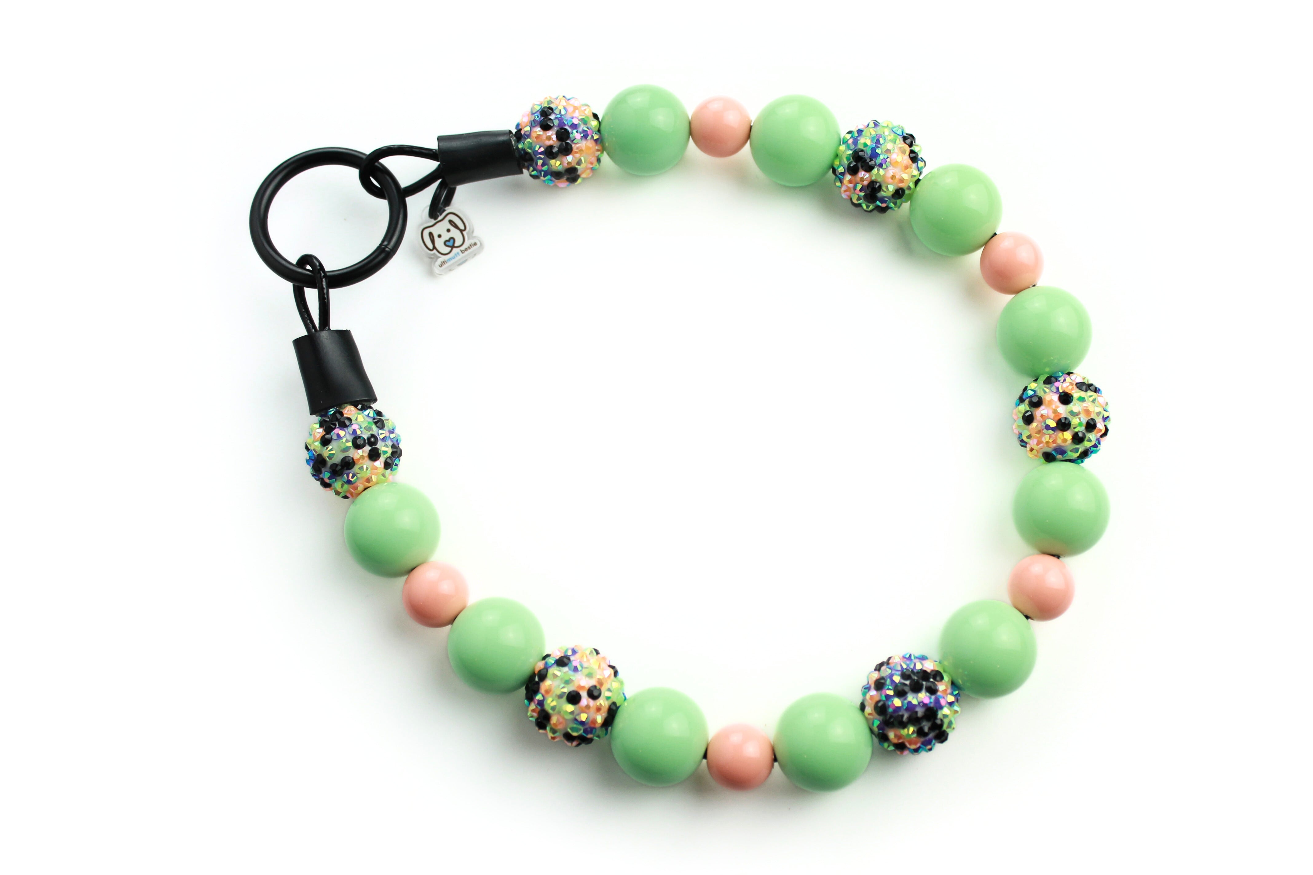 large bead dog collar pastel green, multi - color rhinestone and small peach accent beads